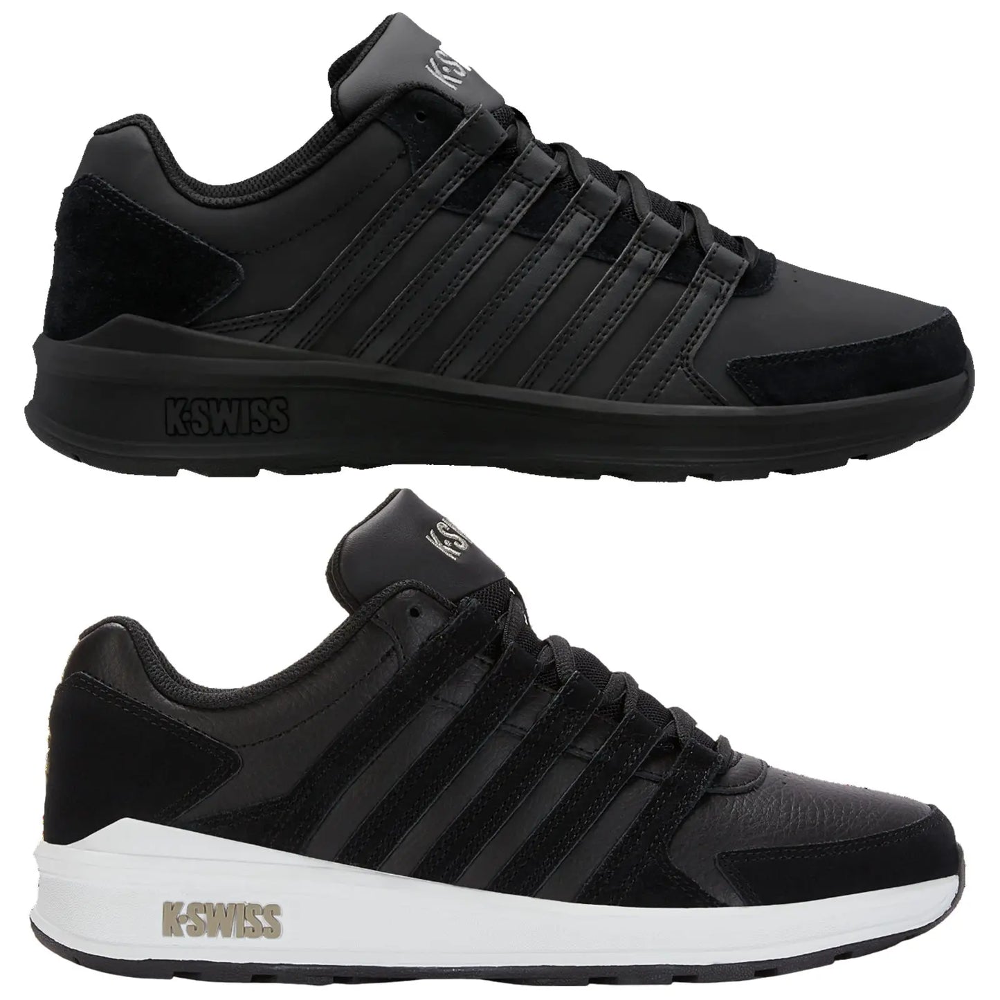 Various styles of K-Swiss sneakers are displayed in rows. Each shoe features unique colors and designs. The setting is a simple white background focusing solely on the footwear.