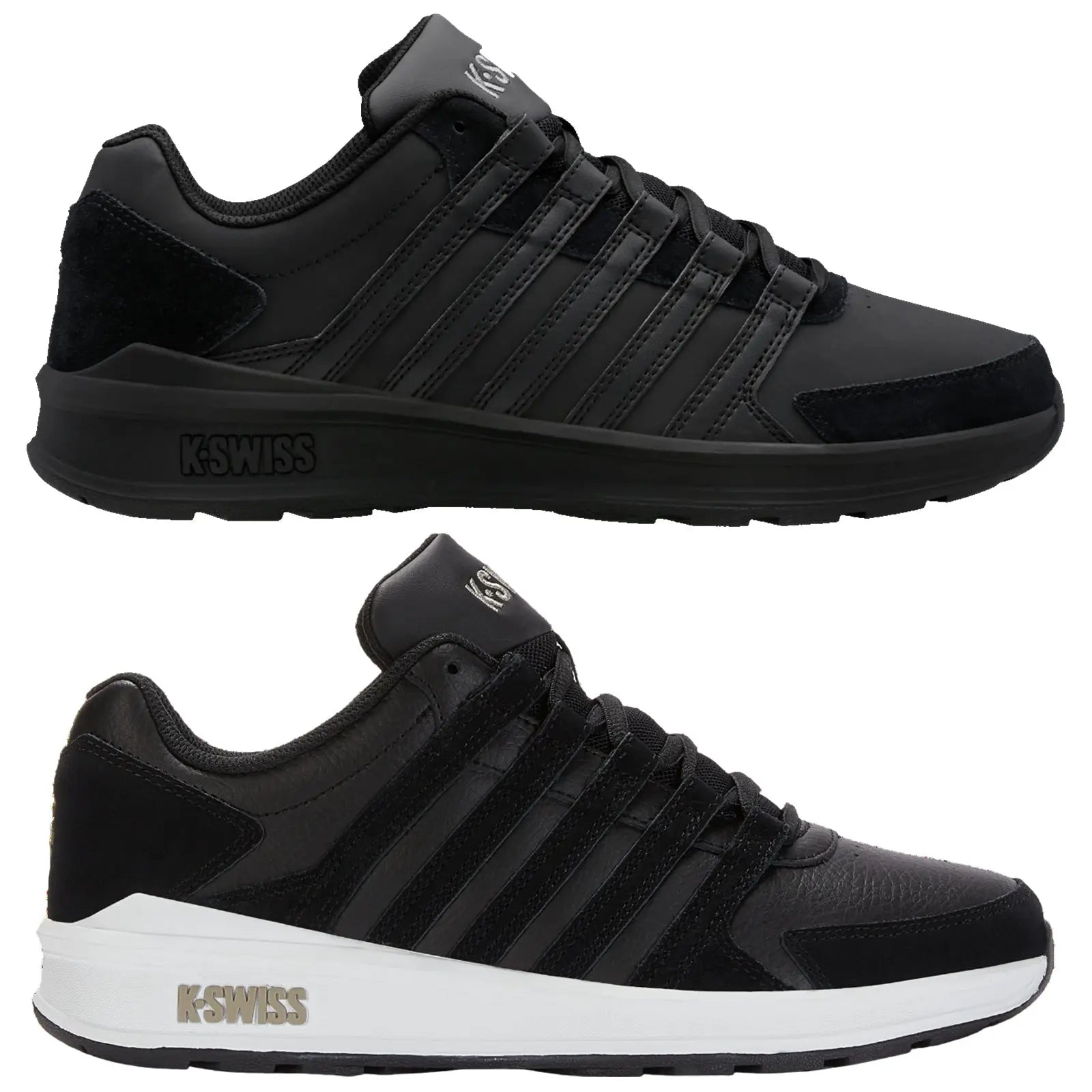 Various styles of K-Swiss sneakers are displayed in rows. Each shoe features unique colors and designs. The setting is a simple white background focusing solely on the footwear.