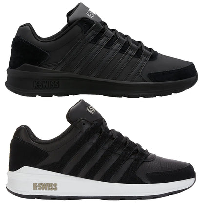 Various styles of K-Swiss sneakers are displayed in rows. Each shoe features unique colors and designs. The setting is a simple white background focusing solely on the footwear.