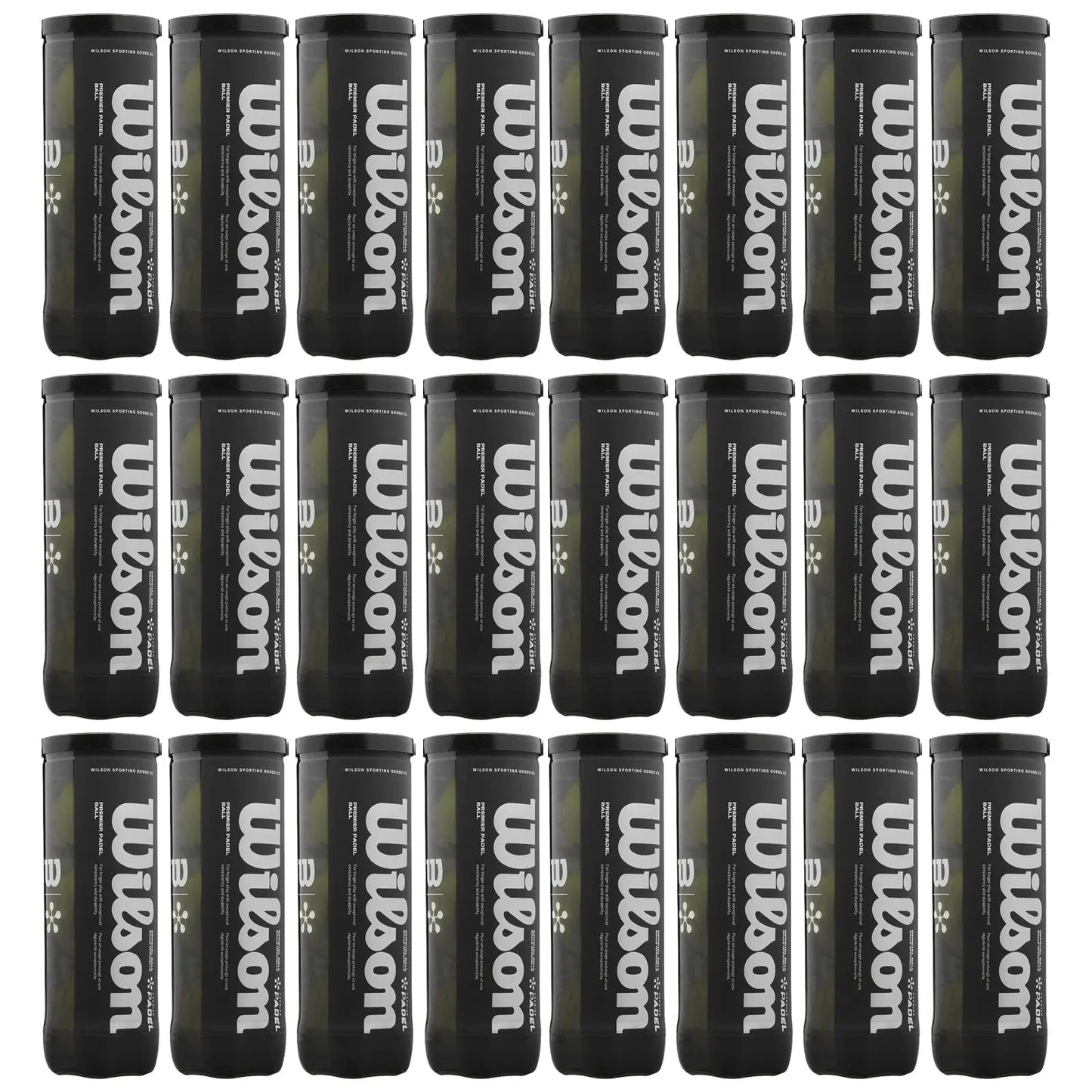 Black canisters labeled Wilson are arranged in a grid pattern showing multiple tennis ball containers in a simple background providing a uniform and organized appearance
