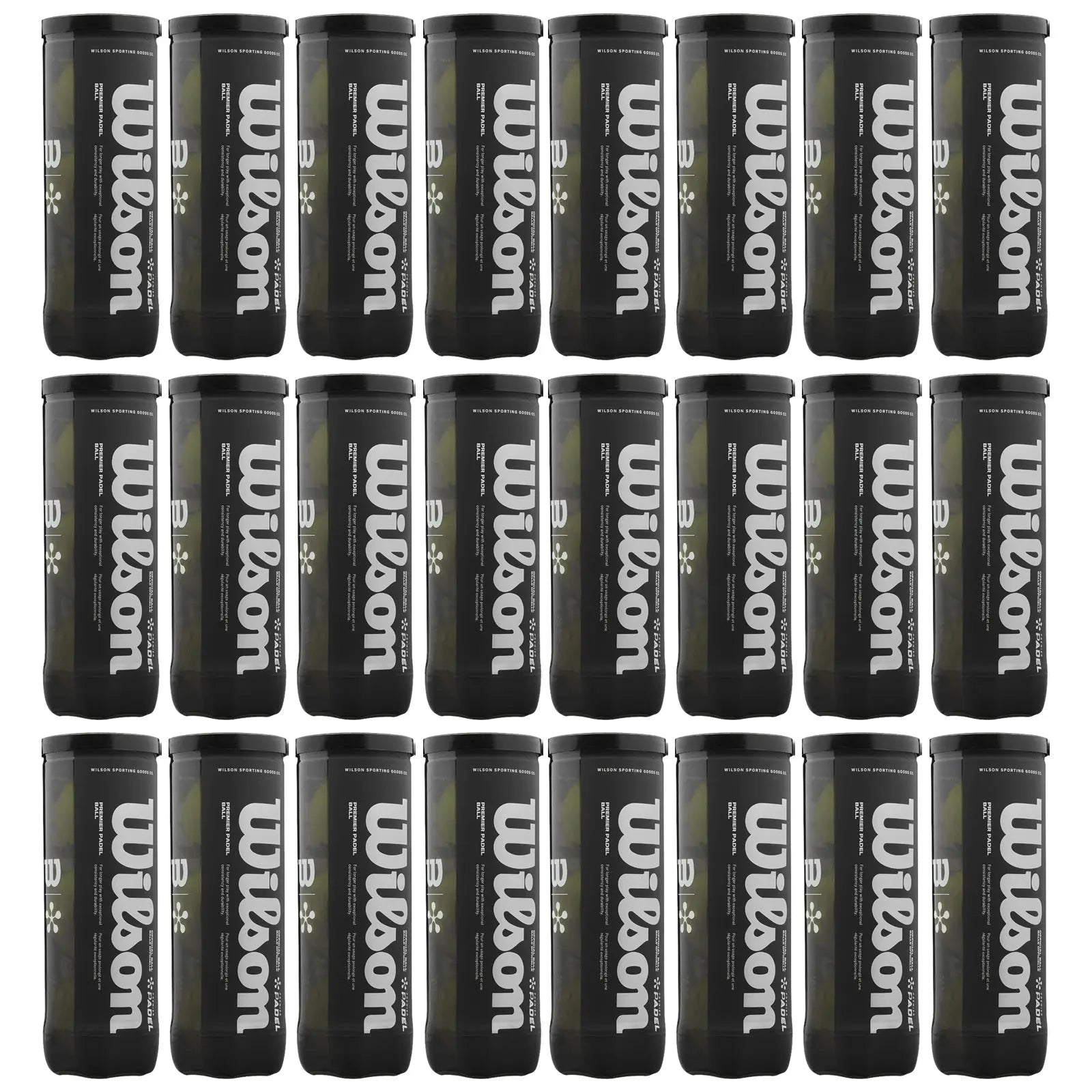Black canisters labeled Wilson are arranged in a grid pattern showing multiple tennis ball containers in a simple background providing a uniform and organized appearance