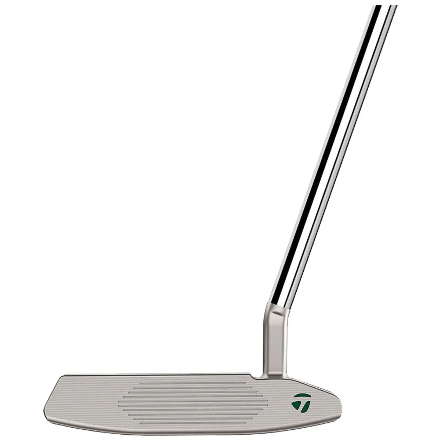 A golf putter lies horizontally with a flat, grooved face for striking the ball while its metallic shaft extends upward, typically used on putting greens in golf courses.