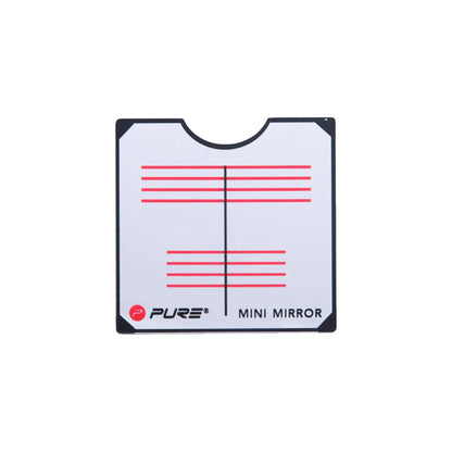 A mini mirror with a white background displays red horizontal lines along with a vertical line in the center designed for calibration or alignment purposes in various contexts.