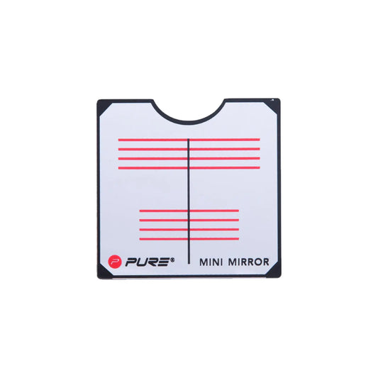 A mini mirror with a white background displays red horizontal lines along with a vertical line in the center designed for calibration or alignment purposes in various contexts.