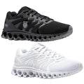 Two athletic shoes are displayed side by side, one black and one white. They feature a breathable mesh upper and a distinctive sole design intended for comfort and support.