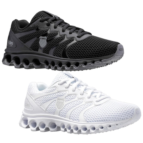 Two athletic shoes are displayed side by side, one black and one white. They feature a breathable mesh upper and a distinctive sole design intended for comfort and support.