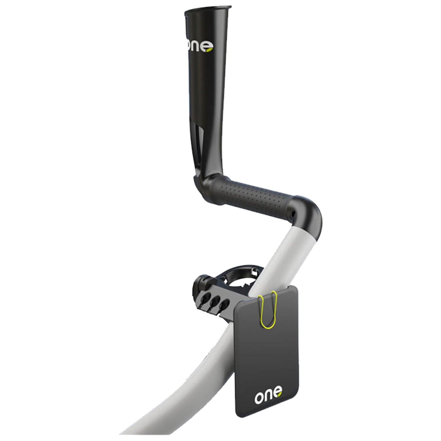 A black and gray equipment mount is attached to a smooth round pole featuring a vertical cup holder and a rectangular device holder with a logo situated on the side.