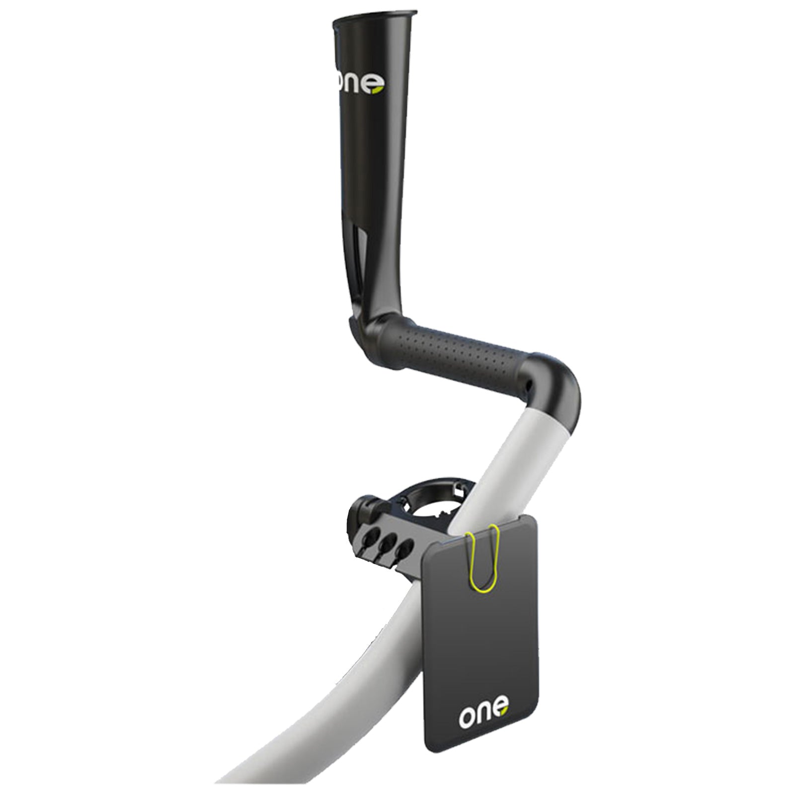 A black and gray equipment mount is attached to a smooth round pole featuring a vertical cup holder and a rectangular device holder with a logo situated on the side.