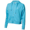 A light blue zip-up hoodie features a front pocket and drawstrings on the hood showcasing the Calvin Klein logo in white on the chest in a neutral background.