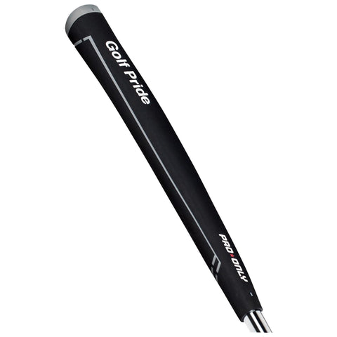 A black golf club grip with white text reading Golf Pride and Pro Only is presented upright against a plain background showcasing the grip's textured surface for improved hold.