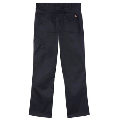 Black pants are laying flat showcasing a straight leg design with multiple pockets including rear and side pockets indicating utility in everyday wear or work contexts.