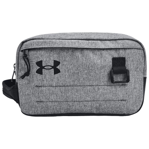 A gray sports bag with a black logo is positioned flat. It features a zippered compartment and side strap for carrying, designed for athletic or casual use.