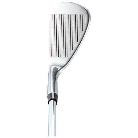 A golf club is positioned vertically showcasing the clubface with grooves designed for striking a golf ball the sleek metallic shaft extends downward suggesting a focus on precision and quality in golfing equipment.
