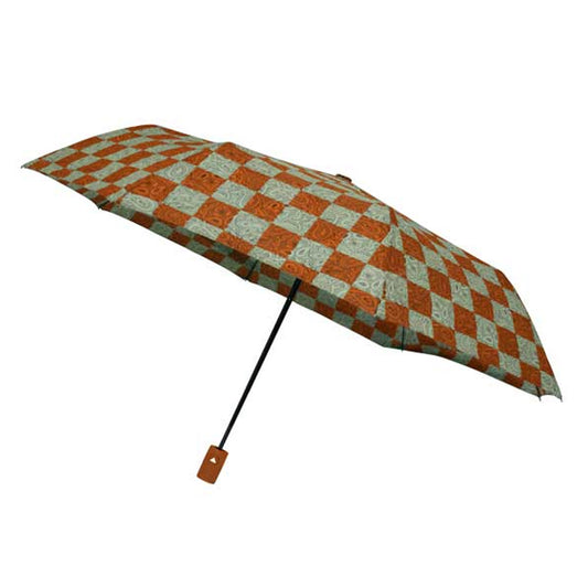 Three checkered umbrellas in different colors are displayed upright. The umbrellas feature alternating squares in blue, orange, and teal against a cream background. Each has a black pole and a colored tag.