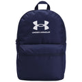 A navy blue backpack features a large main compartment and a front zippered pocket displaying the Under Armour logo prominently at the top. It is designed for casual or sports use.