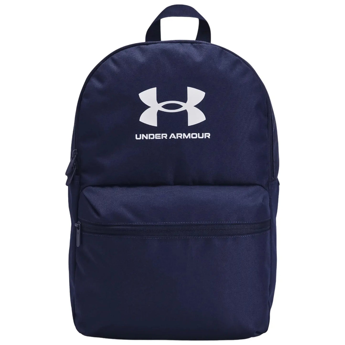 A navy blue backpack features a large main compartment and a front zippered pocket displaying the Under Armour logo prominently at the top. It is designed for casual or sports use.