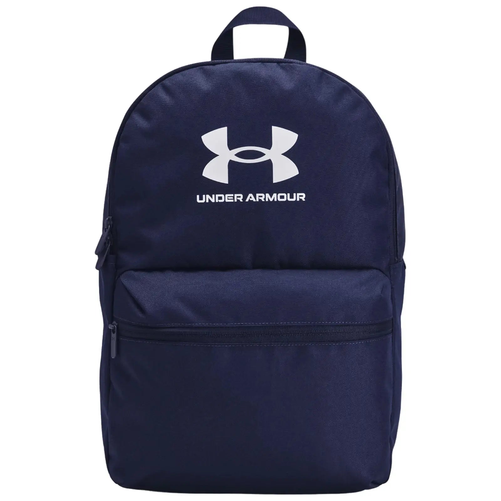 A navy blue backpack features a large main compartment and a front zippered pocket displaying the Under Armour logo prominently at the top. It is designed for casual or sports use.