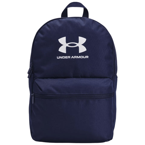 A navy blue backpack features a large main compartment and a front zippered pocket displaying the Under Armour logo prominently at the top. It is designed for casual or sports use.