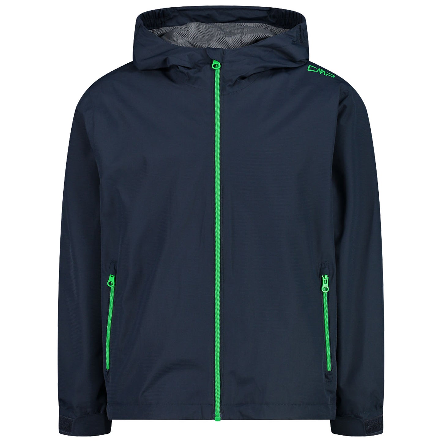 A navy blue jacket with a hood features vibrant green zippers and detailing the jacket is designed for outdoor wear and offers protection against wind and rain.