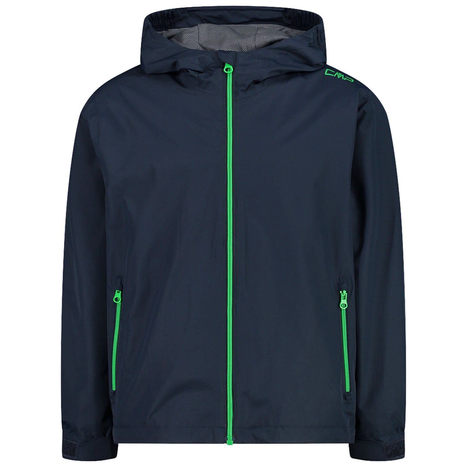 A navy blue jacket with a hood features vibrant green zippers and detailing the jacket is designed for outdoor wear and offers protection against wind and rain.