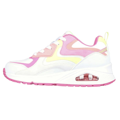 A sneaker with a white base features pink and yellow accents. It has a chunky sole with visible air cushioning and white laces, suitable for casual wear and light exercise.