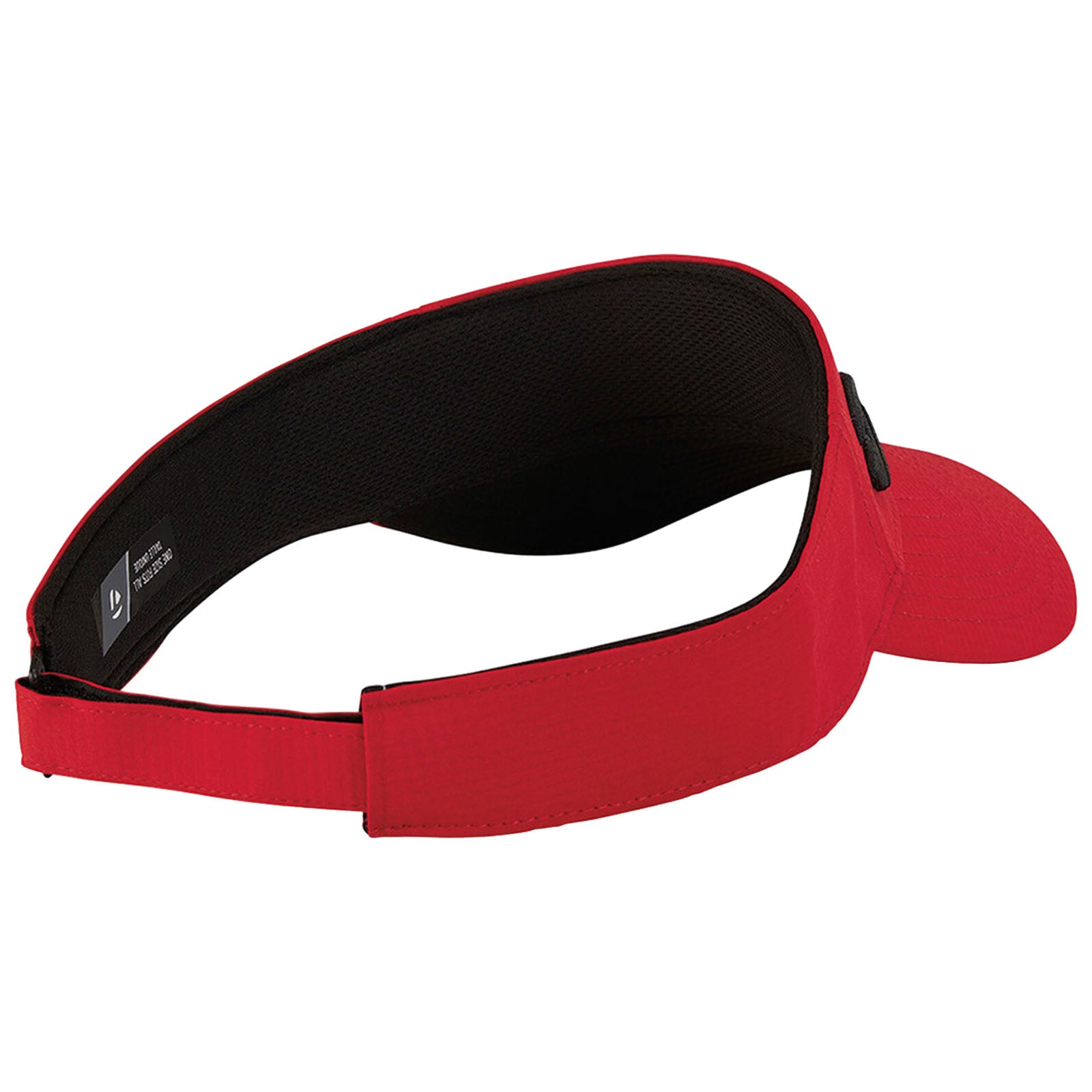 A red visor cap is displayed with a curved brim and a flexible strap at the back indicating it is designed for outdoor activities or sports in sunny conditions.