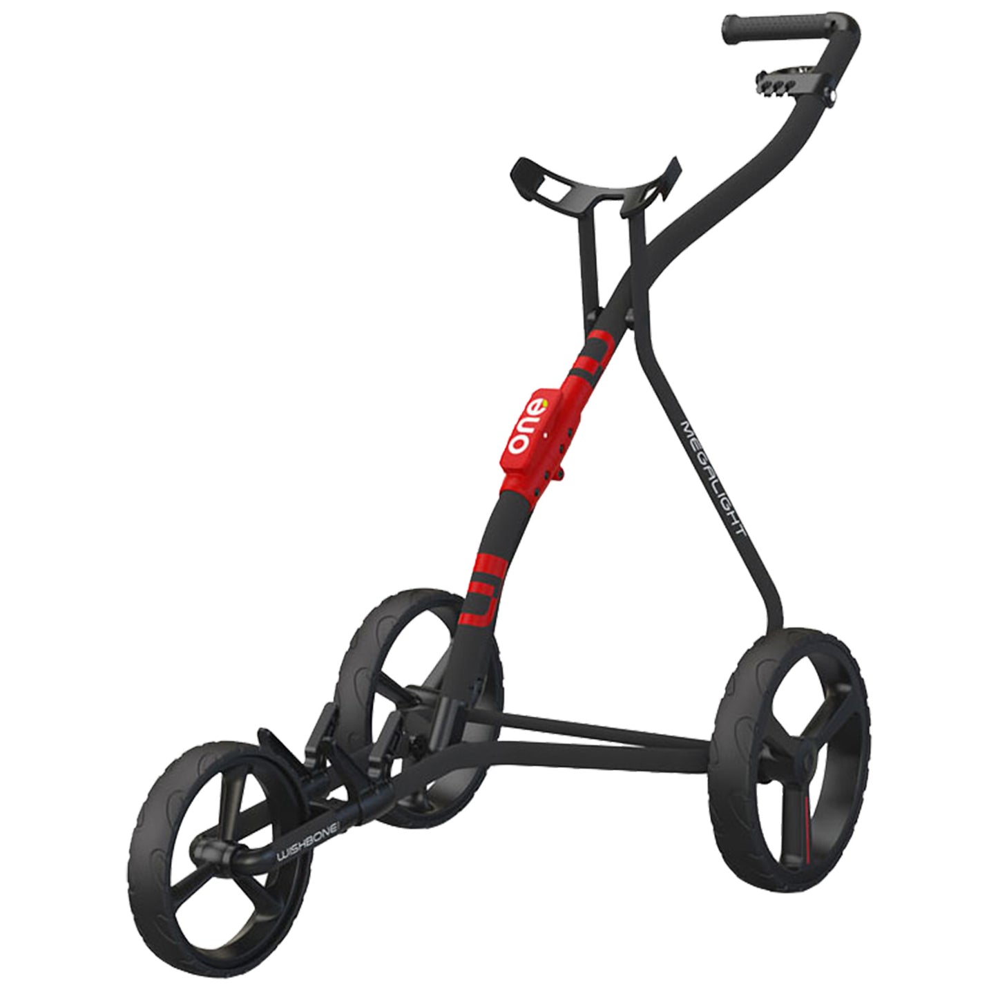 A black and red golf push cart with a handle and three large wheels stands upright on a flat surface designed to hold a golf bag while being maneuvered by a user.