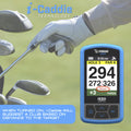 "Golf club and glove are being held while a digital device displays distance information on a golf course suggesting a club based on target distance with a focus on hole three par four.     WHEN TURNED ON i-Caddie WILL SUGGEST A CLUB BASED ON DISTANCE TO THE TARGET"