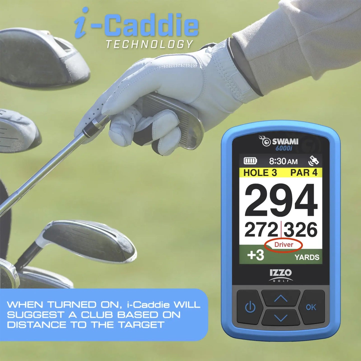 "Golf club and glove are being held while a digital device displays distance information on a golf course suggesting a club based on target distance with a focus on hole three par four.     WHEN TURNED ON i-Caddie WILL SUGGEST A CLUB BASED ON DISTANCE TO THE TARGET"