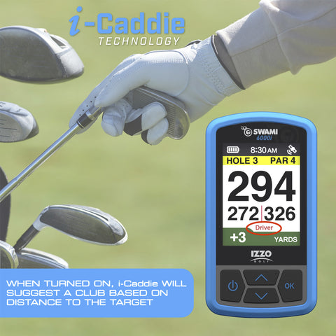 "Golf club and glove are being held while a digital device displays distance information on a golf course suggesting a club based on target distance with a focus on hole three par four.     WHEN TURNED ON i-Caddie WILL SUGGEST A CLUB BASED ON DISTANCE TO THE TARGET"