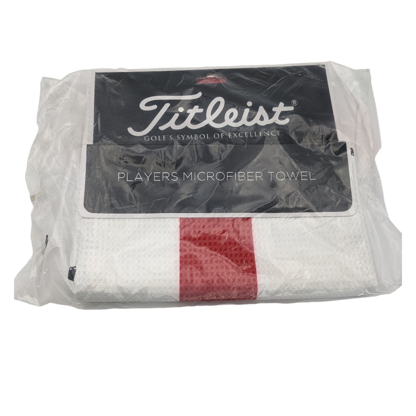 White microfiber towel packaged in plastic with a black label showcasing the Titleist logo and the text "PLAYERS MICROFIBER TOWEL" is visible in the foreground.