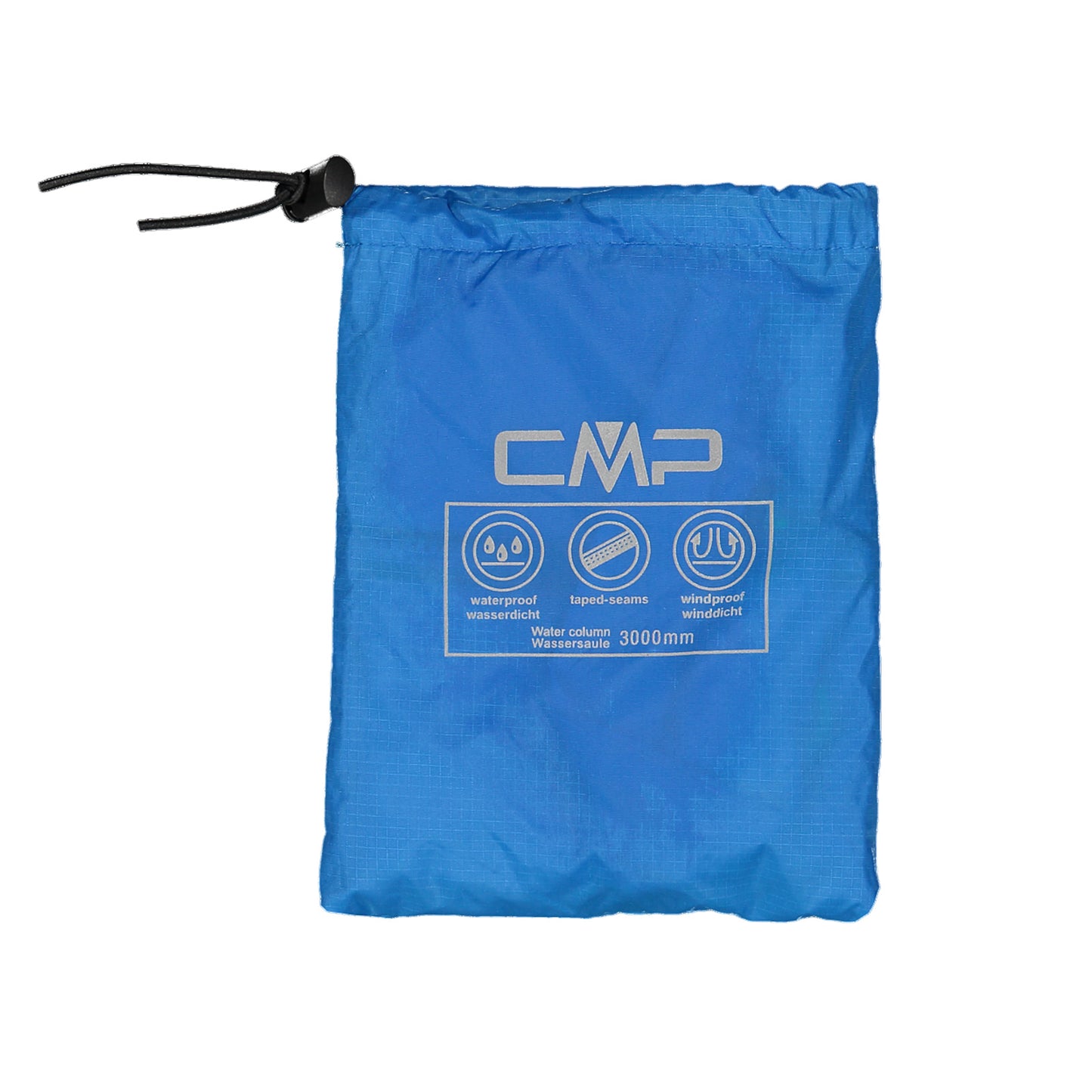 A blue bag is displayed with a drawstring closure featuring text indicating its waterproof and windproof qualities along with a 3000mm water column rating in multiple languages.