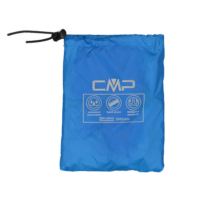 A blue bag is displayed with a drawstring closure featuring text indicating its waterproof and windproof qualities along with a 3000mm water column rating in multiple languages.