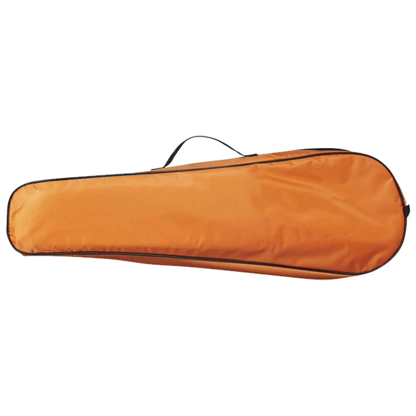 A bright orange padded bag lies flat with a black trim and a handle on top designed to protect equipment during transport in various environments.
