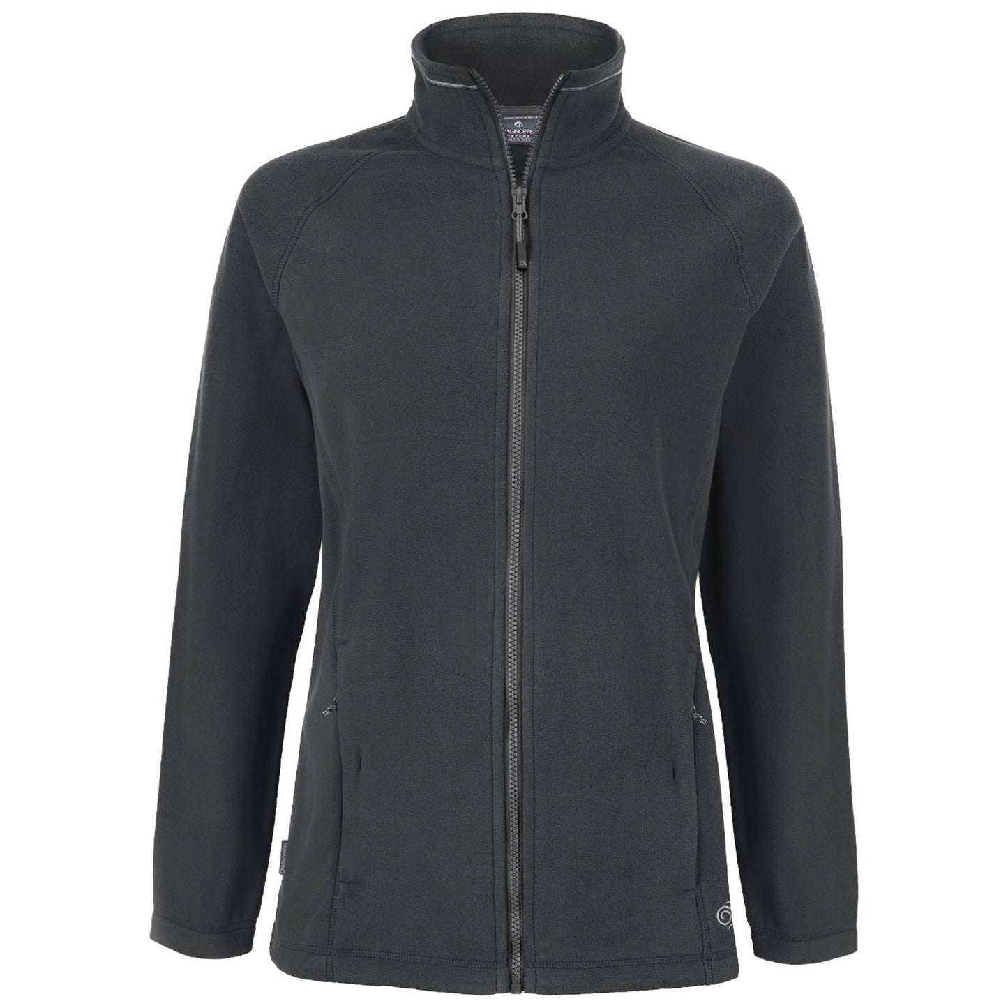 A dark gray fleece jacket hangs vertically with a full zipper and high collar two side pockets are visible in a neutral background.