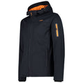 A black jacket with an orange interior is displayed upright the jacket features a zipper front and is designed with a logo on the chest and an arm pocket