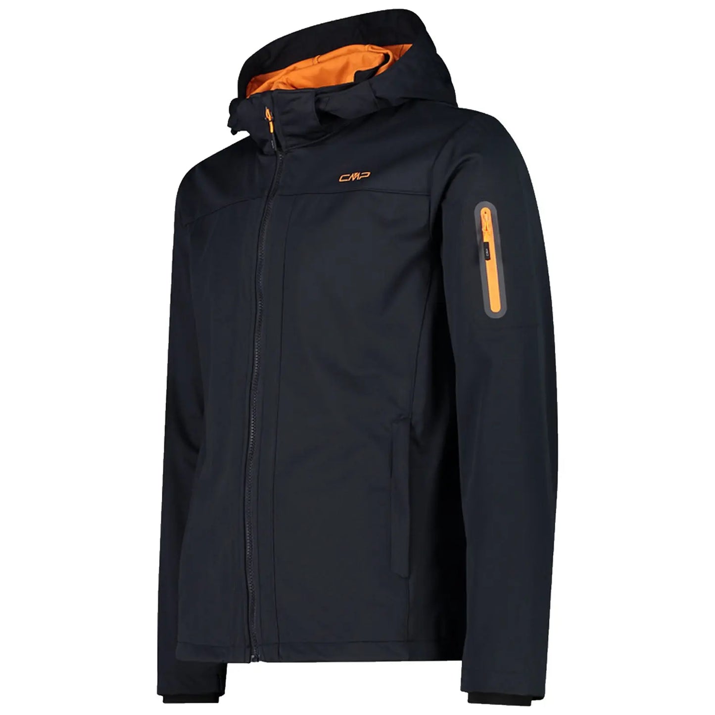 A black jacket with an orange interior is displayed upright the jacket features a zipper front and is designed with a logo on the chest and an arm pocket