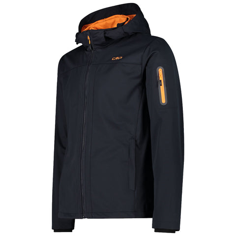 A black jacket with an orange interior is displayed upright the jacket features a zipper front and is designed with a logo on the chest and an arm pocket
