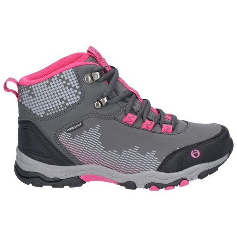 A gray and pink hiking boot features a patterned design on the side and is equipped with laces and metallic hooks providing support for outdoor activities.