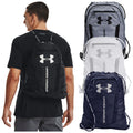 A man wearing a black shirt is shown from behind carrying a black Under Armour backpack. Three additional backpacks in gray, white, and navy are displayed next to him.