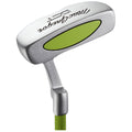 A silver golf putter with a green striking surface is displayed at an angle showcasing its head and shaft in a neutral background emphasizing its design and purpose.