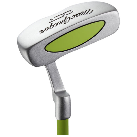 A silver golf putter with a green striking surface is displayed at an angle showcasing its head and shaft in a neutral background emphasizing its design and purpose.