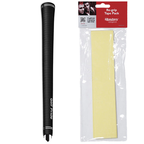 A black golf club grip stands vertically on the left while a sealed pack of re-grip tape strips in yellow on the right indicates supplies for maintaining golf equipment.