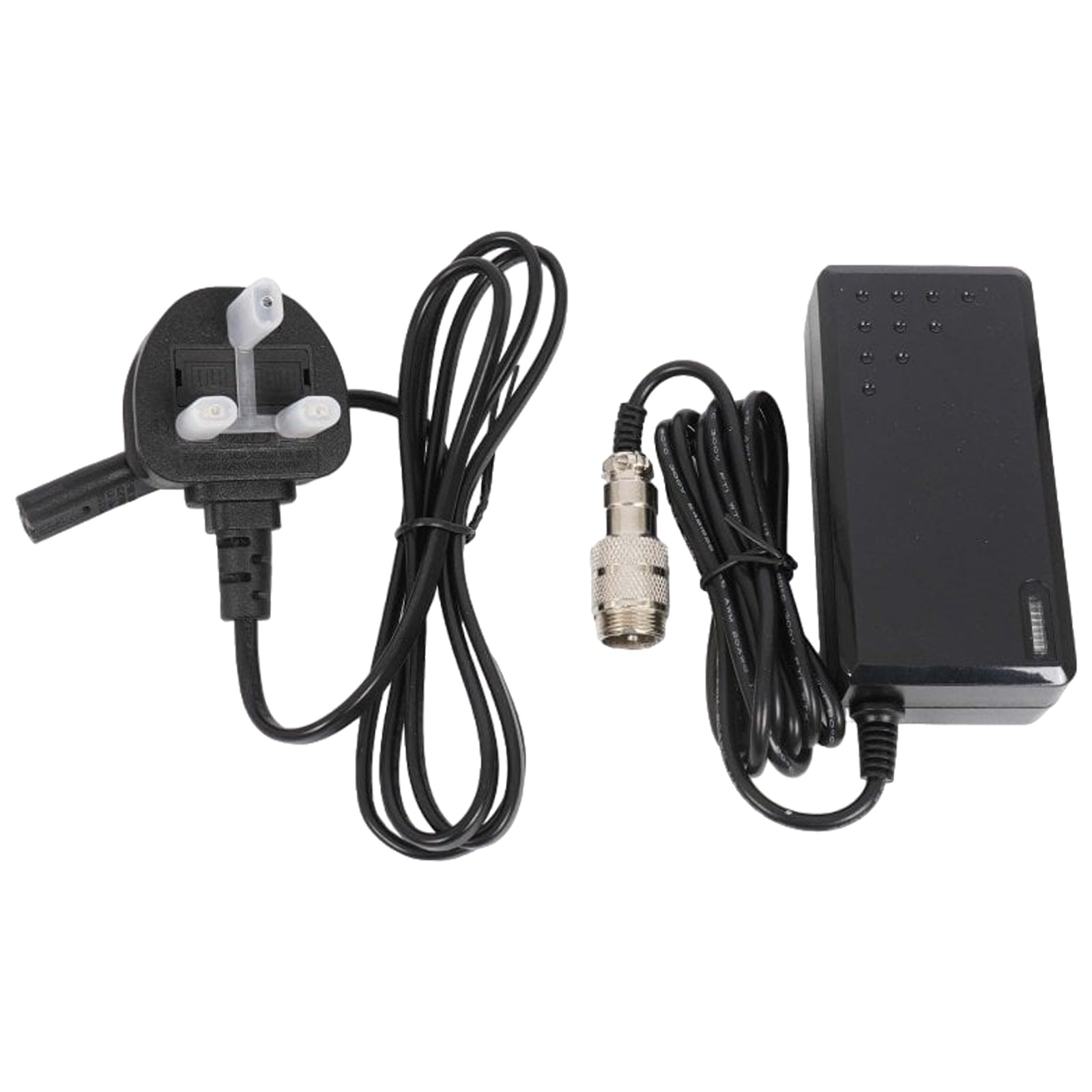 A black power adapter with a plug on one end and multiple cables extending from it connects to a cylindrical metal connector, suited for electrical devices in a domestic setting.