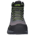 A gray hiking boot with green laces stands upright showcasing its rugged design and sturdy sole suitable for outdoor activities and uneven terrain. The brand logo HI-TEC is visible at the top.