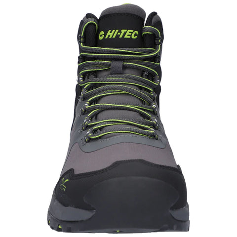 A gray hiking boot with green laces stands upright showcasing its rugged design and sturdy sole suitable for outdoor activities and uneven terrain. The brand logo HI-TEC is visible at the top.