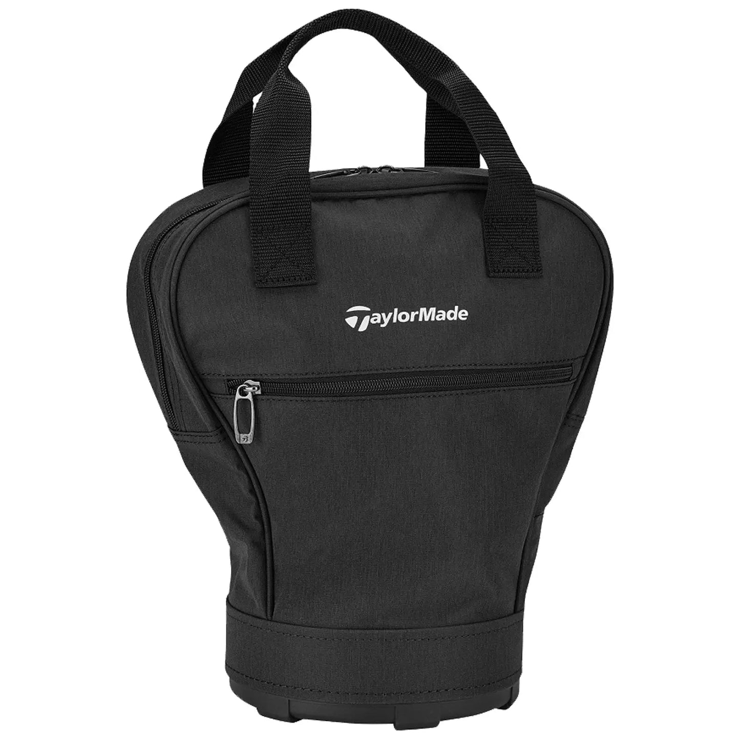 TaylorMade Performance Practice Ball Bag N8949601 A black insulated cooler bag with a zipper and two carrying handles sits upright showcasing its compact design and the logo "TaylorMade" on the front for identification.