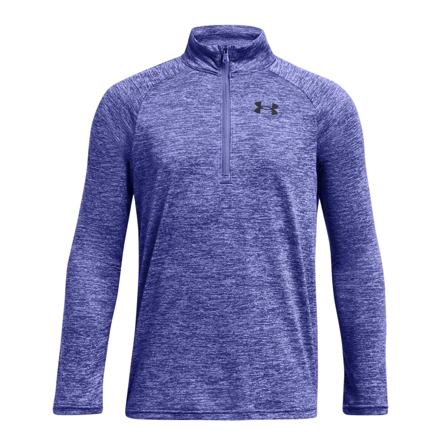 A blue long-sleeve athletic shirt with a quarter zip and a mock collar is displayed on a plain background showcasing its textured fabric and the Under Armour logo on the left chest.