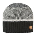 A knitted beanie sits upright showcasing a textured pattern in gray and black with a white stripe at the top and a ribbed black band at the bottom featuring a small leather logo patch.