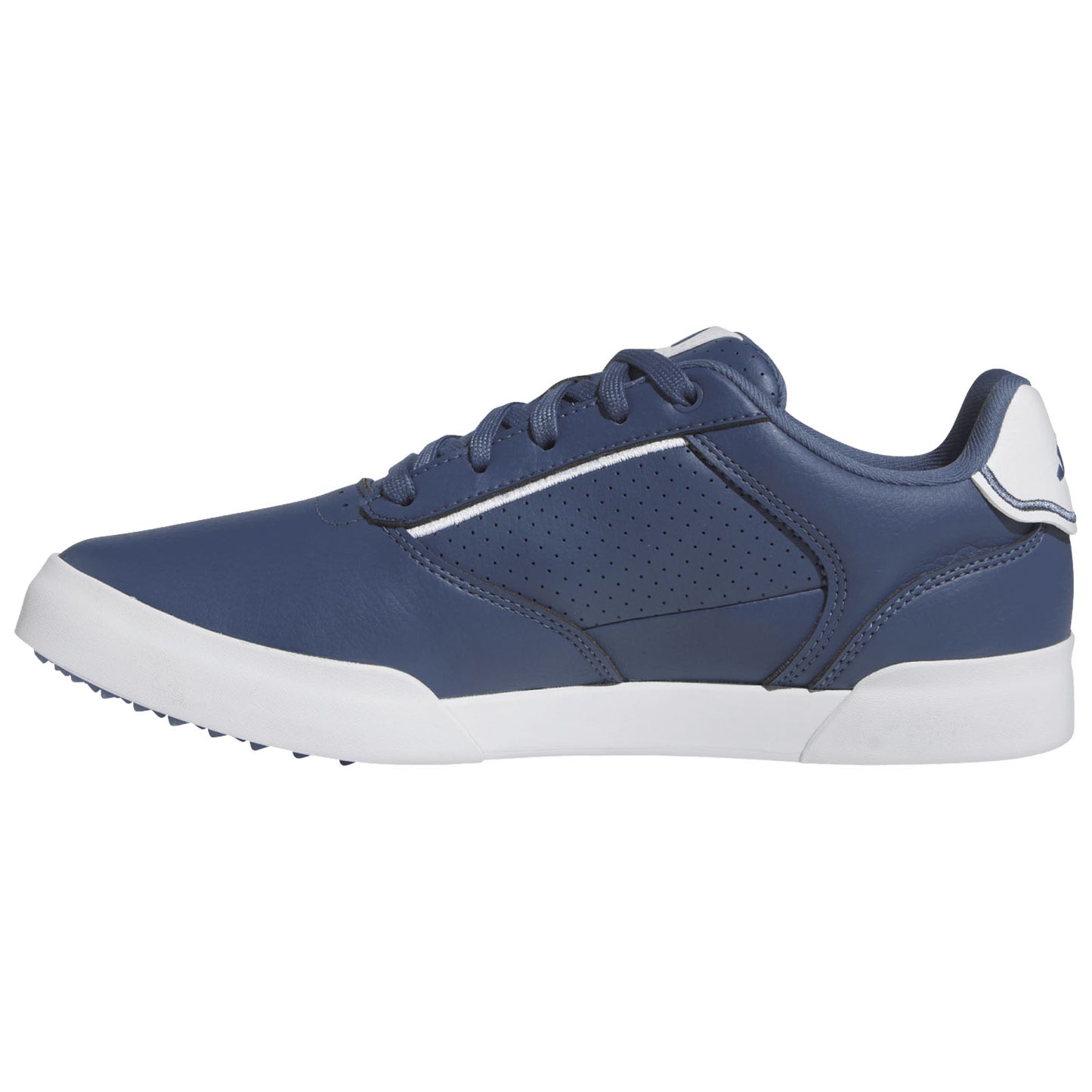 A blue athletic shoe is displayed standing sideways with white accents featuring a smooth leather surface and perforations on its side indicating breathability designed for casual or active wear.